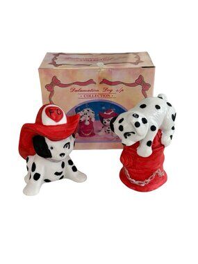 Young's Inc Vintage Hand Painted Dalmatian Dog Salt & Pepper Shakers Firefighter